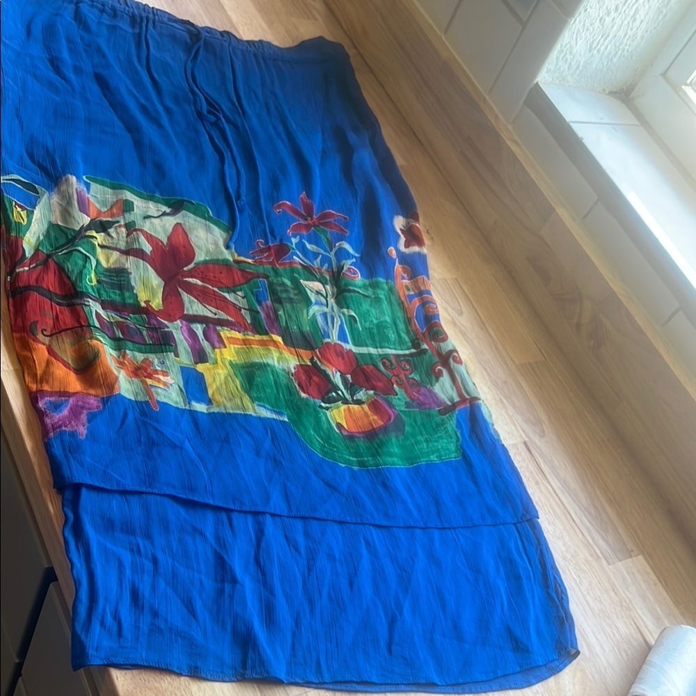 Blue Floral Print Maxi Skirt with Multicolor Garden Motif